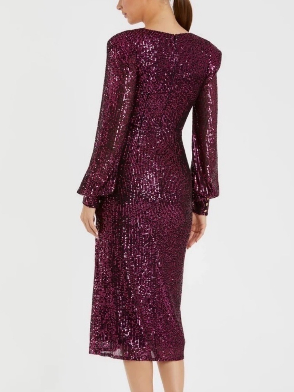 Mac Duggal Magenta Sequin Midi Dress with Puff Sleeves - Picture 4 of 6